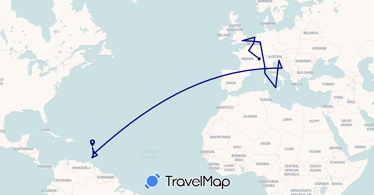TravelMap itinerary: driving in Barbados, Belgium, Switzerland, Germany, Dominica, France, United Kingdom, Grenada, Guadeloupe, Croatia, Italy, Saint Lucia, Martinique, Netherlands, Slovenia, Saint Vincent and the Grenadines (Europe, North America)
